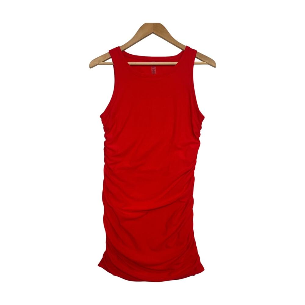 Beyond Yoga Tank Dress Womens Medium Red Ruched Fitted Stretch Athleisure Sporty